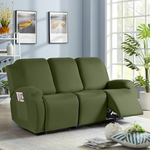 Image of TAOCOCO Stretch Recliner Sofa Covers 3 Pieces Couch Covers for 3 Seat Reclining Sofa, Soft Polyester Fabric Washable Furniture Protector Sofa Slipcovers with Pockets (3 Seat, Olive Green)