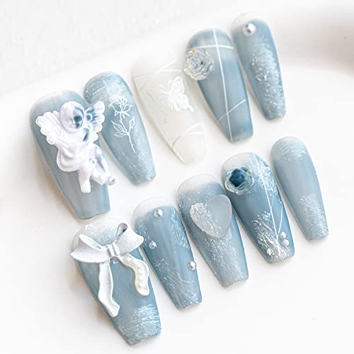 Sun&Beam Nails Handmade Press On Nail Coffin Ballerina 3D Accessories Blue Acrylic Fake Tip Design Art Charms Cute with Storage Box 10 Pcs (L)