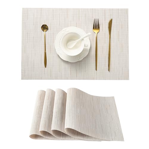 Leetaltree Pale Beige Placemats Set of 4 - Heat Resistant Non-Slip Place mats for Dining Table, Washable Durable PVC Vinyl Woven Table Mats（Pale Beige, 4）