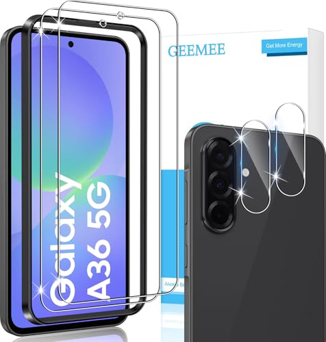 GEEMEE 2+2 Piezas de Pantalla Protector de Lente de cámara para Samsung Galaxy A36 5G, 9H Cristal Templado Película Vidrio Templado, Una Instalación Rápida Alta Definicion Glass Screen Protector
