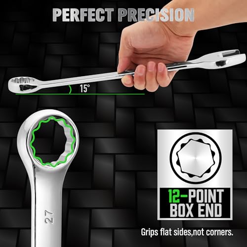 Image of 6-Piece All-Purpose Combination Wrench Set, Metric & Standard 23mm, 24mm, 26mm, 27mm, 30mm, 32mm, Heat Treated CR-V, 12-Point Box End Big Wrench Set, Master Long Mechanic Tool Set with Rolling Pouch
