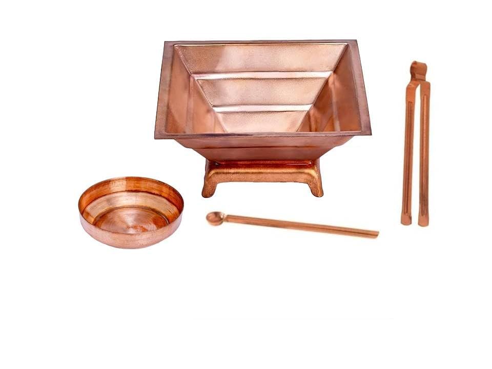 Aditya Shopping Copper Agnihotra kit Set, Agnihotra Hawan Kund Kit Set - Traditional Vedic Fire Ritual Puja Accessories (Hawan Kund+Achmani+Stand+Chimta+Small Plate) (Pack of 1)