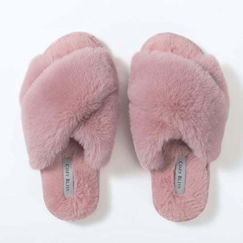 Cozy Bliss Women's Faux Fur Slippers Cross Band Open Toe Breathable Fuzzy Fluffy House Slippers Memory Foam Anti-Skid Sole Indoor Outdoor Slippers (Pink, 5-6) #TOP5