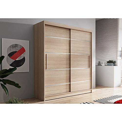 MOEBLO Kleiderschrank Schwebetürenschrank 2-türig Schrank mit vielen Einlegeböden und Kleiderstange Gaderobe Schiebtüren BxHxT 150x200x61 - Lara 6 (Sonoma + Sonoma) Cover