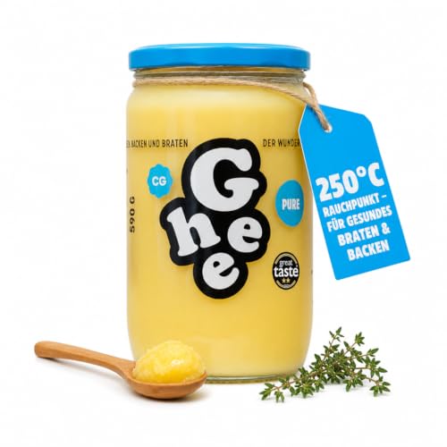 Ghee Butter PURE 590 g Geklärte Butter Reich an Vitaminen und Omega 3 6 Fettsäuren Great Taste Zertifikat Laktosefrei Ideal zum Braten Backen Ohne Zusatzstoffe Authentisches Ayurveda Butter 100% EU