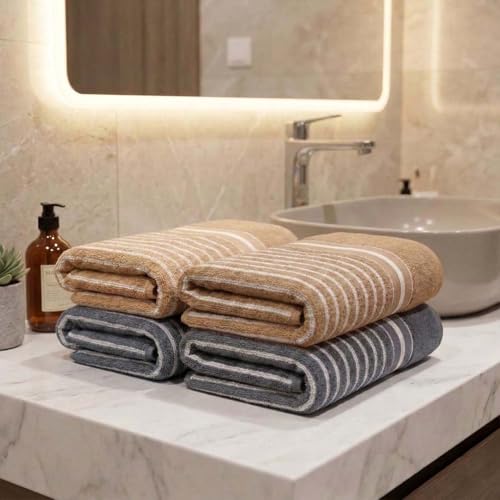 Image of Athom Living Premium Hand Towels- Cotton, 400 GSM, Ultra Soft, Quick Dry, Highly Absorbent | for Hand, Kitchen and Gym | 60 * 40 cm, Pack of 4 (Beige & Grey)