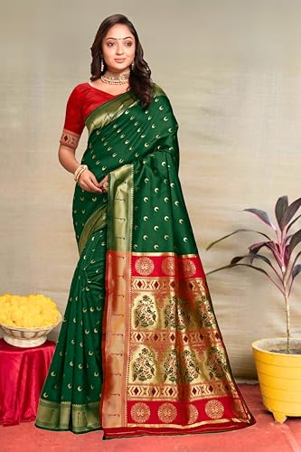 Image of C J Enterprise Women's Pure Kanjivaram Silk Saree Paithani Soft Wedding Sarees With Blouse Piece (Chand paithani)