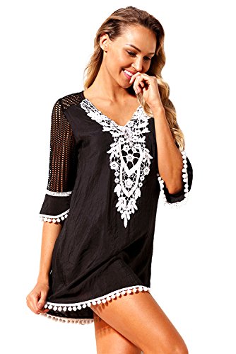 Cosivia Femme Lété Chaud Crochet Pom Pom Trim Mousseline Maillot De Bain Gland Tunique Plage Couvrir Robe De Plage Bikini Cover Up Noir Xl