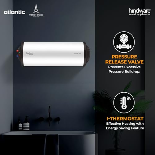 Image of Hindware Atlantic Cristallo Slim 15L Horizontal Storage Heater (Geyser) White, Wall Mounting