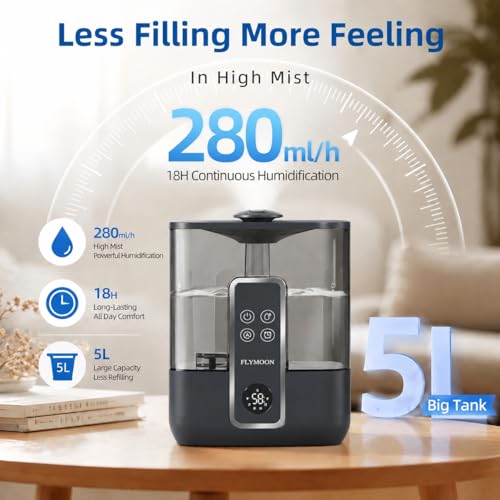 Image of FLYMOON Top Fill 5L Cool Mist Humidifiers with 28dB | Tuya App & Touch Control, Auto-Off, 12H Timer, 50 Hour Runtime, Ultra-fine Mist, Ideal for Bedrooms