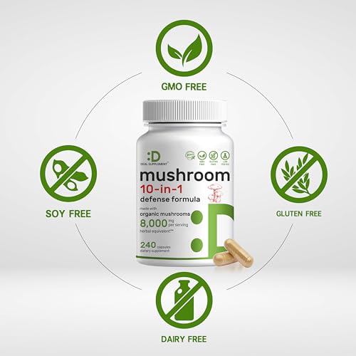 Organic Mushroom Supplement, 8,000mg Per Serving, 240 Capsules – 10 in 1 Defense Formula – Turkey Tail, Lions Mane, Cordyceps, Chaga, & More – Immune, Energy, & Brain Support – Non-GMO - Image 4