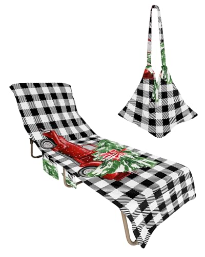 Red Truck Christmas Beach Lounge Chair Towel Cover, Soft Chaise Lounge Towel with Side Pockets Patio Pool Chairs Cover for Beach/Pool Sunbathing 29x85 Xmas Tree Winter Snowflake Black White Plaid
