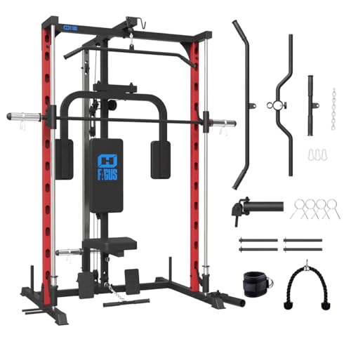 FAGUS Smith Machine Power Rack with Chest Fly Station & LAT-Pull Down System, Landmine, T-Bar Row Handle, Tricep Rope, Ankle Strap, Plate Storage Bars, Band Pegs and More Training Attachments, Red