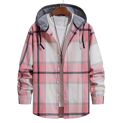 Mens Trendy Plaid Flannel Jackets Hoodies Button Down Long Sleeves Lightweight Loose Coats Casual Windproof Tops2