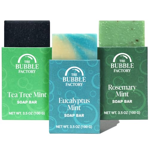 The Bubble Factory Handmade Natural Bath & Body Soap Bar, Vegan, All-Natural, Palm Oil Free, Made in USA with Shea Butter + Essential Oils, Eucalyptus Mint/Rosemary Mint/Tea Tree Mint, 3 Bars