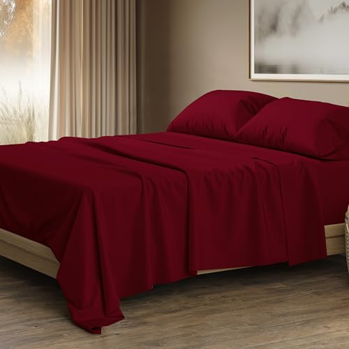Image of THREAD SPREAD 100% Egyptian Cotton Sheets Queen Size - Luxury 1500 Series Queen Sheet Set Egyptian Cotton (4 PC, Burgundy), Silky Soft, Sateen Weave, Cooling & Breathable, 17 inch Deep Pocket Bed Set