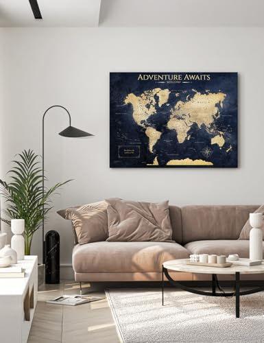 Image of IPIC - Push Pin World Map Canvas Wall Art, Oversized World Travel Map Print To Track Your Travels, Pinnable Wall Decor for Home, Office, Study or RV, Ready to Hang, Made in USA