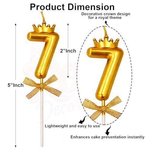 Image of Rozi Decoration Number 7 Birthday Candle for Cake with Crown Design | Gold Metallic Number Candle with Stick | Seventh Birthday Cake Topper for Baby, Kids and Party Celebration