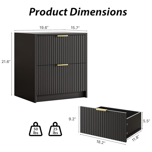 Image of MAISONARIA Fluted Nightstands Set of 2 with 2 Drawers, 19.6 inch Modern Storage Bedside Table with Golden Metal Handles, Wooden End Table for Bedroom, Black