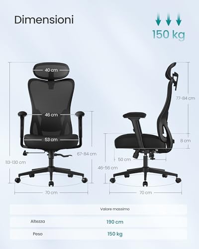 Sedia da Ufficio Ergonomica, Sedia da Scrivania Computer, Poggiatesta e Supporto Lombare Regolabili, Portata Fino a 150 kg, Regolabile in Altezza, Nero Inchiostro OBN066BH01 - Sedia gaming - Immagine 1