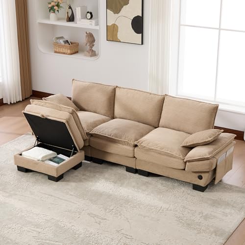 MODENVIE Sofá modular de 3 plazas con 1 taburete, asiento ancho ergonómico, sofá de salón con conexión -C, sofá de salón con bolsillos laterales, sala de estar, pórduroy caqui