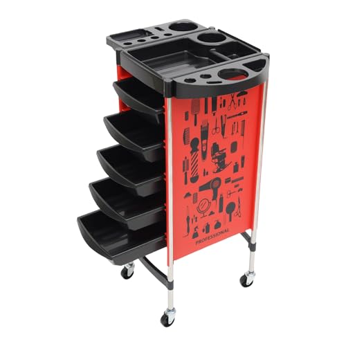 Carro con ruedas con 5 cajones y ruedas, para estilista, peluquería, spa, hasta 20 kg por cajón (rojo)
