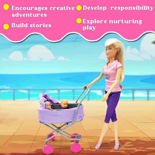 Image of Steffi Love Sunshine Twins| Pretend Play Set with Baby Stroll and Adorable Twin Babies| Unique16+Baby Accessories| Adorable Role Play Set for Girls Age 3+ (Stylish Steffi in Pink & Purple)