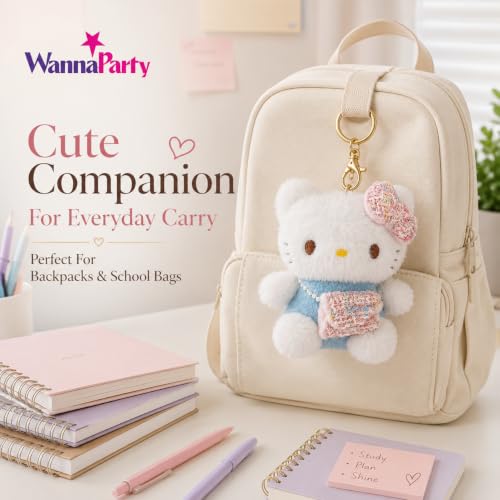 Image of Wanna Party Cute Kawaii Blue Cat Plush Keychain, Soft Pink & Blue Bag Charm with Bow