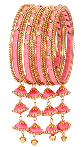 Image of NMII Metal & Silk Thread Jhumka Zircon Latkan Stylish Bangles Set For Women's and Girls | Women's Fancy Latkan Bangles Set | Ethnic Fashion Jewellery- Set of 12 Bangle, (G405 Watermelon-2.8(2.8))