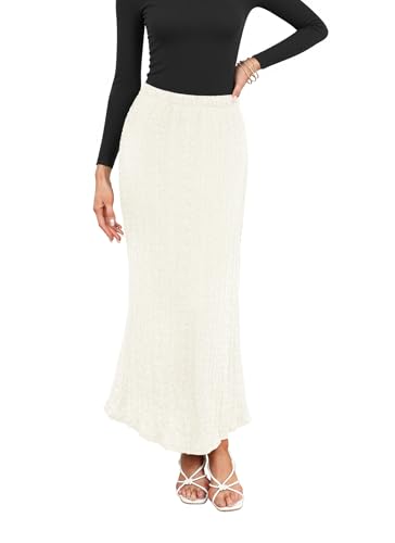 Herou Women's Lace Maxi Skirt - Elastic Waist Knitted Eyelet Mermaid Skirt with Lining Light Beige...