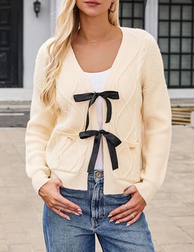 BMJL Womens Cardigan Sweater Cropped Tie Front Bow Sweaters Cable Knit Long Sleeve Trendy Clothes 20244