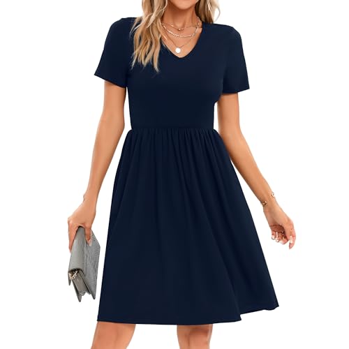 Image of Women's Spring Casual Short Sleeve A-Line Midi Loose Fit Teacher Dresses T-Shirt Flowy Work Travel Sundress with Pockets 2026