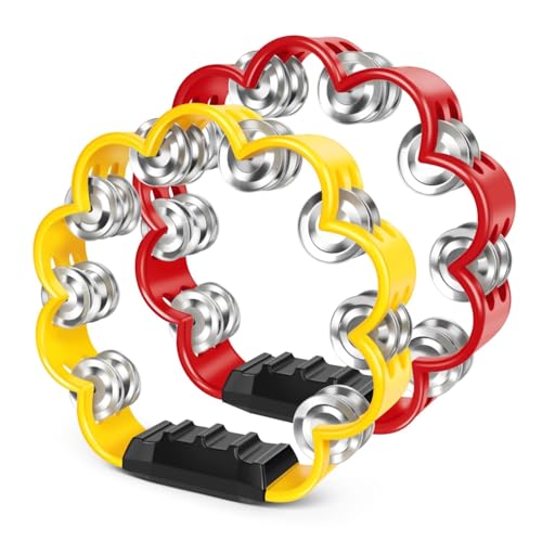 Tambourin à fleurs Flexzion en lot de 2 avec poignée ergonomique et grelots en métal de 20 cm