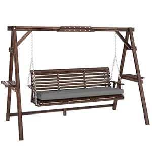 Outsunny Hollywoodschaukel, 3-Sitzer Gartenschaukel aus Holz, Holzschaukel mit Sitzauflage Ablagen, Schaukelbank belastbar bis 330kg, für Garten, Terrasse, 243 x 134 x 170cm, Verkohlt
