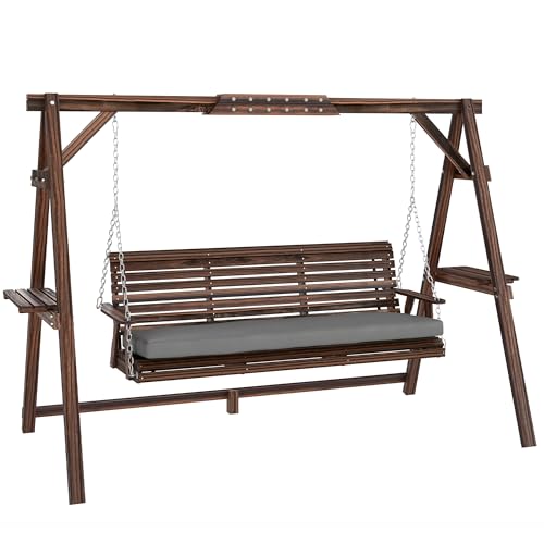 Outsunny 3 Seat Porch Swing with Stand, Wooden Patio Swing Chair with Cushion, Side Trays and Metal Chains, Outdoor Bench for Garden, Poolside, Backyard, Carbonized Brown