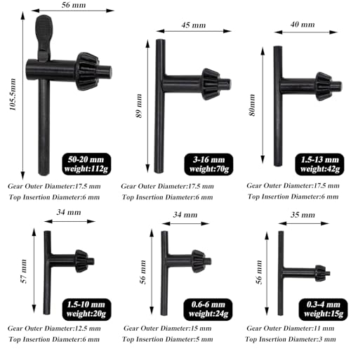 6 Stück Bohrfutter Chlüssel Set, Bohrer Spannwerkzeug Bohrmaschine Spannschlüssel, Zahnkranzbohrfutter Schlüssel, Universeller Spannschlüssel Metall Bohrfutter Schlüssel, für 4/6/10/13/16/20mm