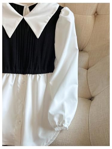 OYOANGLE Girl's Color Block Button Blouses Patchwork Collared Neck Puff Long Sleeve Shirt Tops4