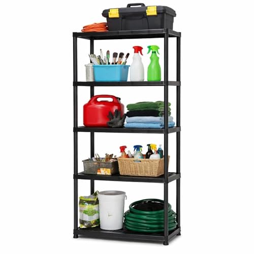 DUAS 4-5 Tier Plastic Shelving Rack Storage Unit Heavy-Duty Racking Shelves for Home Office Garage Utility Room Workshop Black Easy Assembly (1 5 Tier)