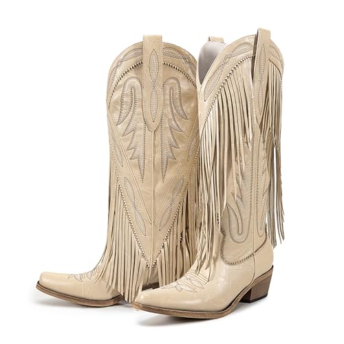 Atuelang Fringe Cowgirl Boots Embroidered Cowboy Boots for Women Tassels Mid Calf Western Boots