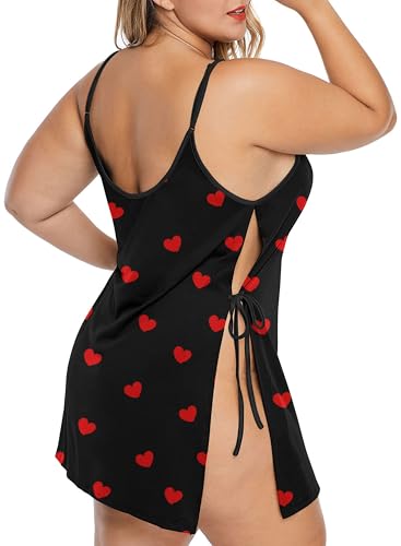 Image of Women Plus Size Lace Babydoll Lingerie Side Slit Strappy Chemise Sleepwear