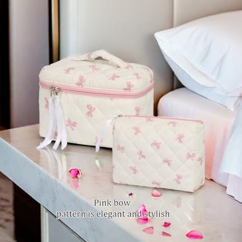 2Pcs Floral Quilted Makeup Bag Set Coquette Makeup Bags Large Cotton Cosmetic Bag Cute Makeup Bag with Bow Pattern Portable Travel Toiletry Bag For Women3