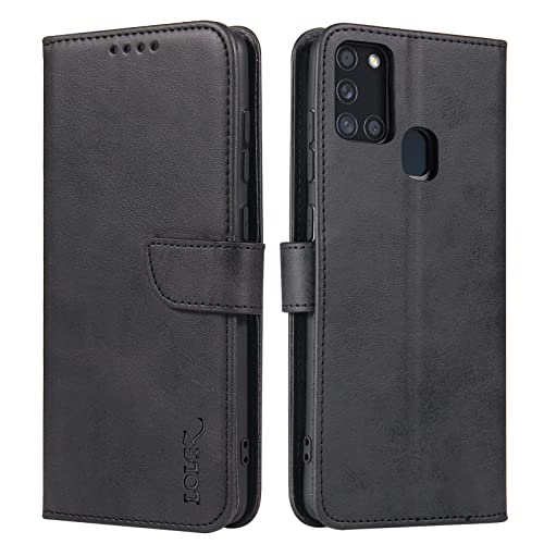 LOLFZ Wallet Case for Samsung Galaxy A21S Vintage Leather Book Case with Card Holder Kickstand Magnetic Closure Flip Case Cover for Samsung Galaxy A21S - Black