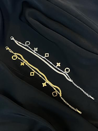 Ladies' Clover Jewelry Set -18K Gold Gold Silver Snake Bone Double Layer Bracelet, Lucky Gift for Mom, Wife, Daughter, and Friends3