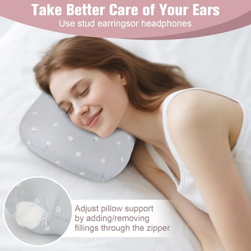 Ear Piercing Pillow for Side Sleeper with Hole for Relief Ears Pain CNH Piercing Pain Sleeping Pressure Sore, Comfortable Support Ear Guard Pillow to a Restful Sleep, Gray White Flowers