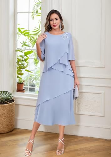 Tiered Chiffon Mother of The Bride Dresses for Women Wedding Tea Length Half Sleeve Lace Applique Formal Evening Gowns4