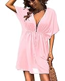 Pink Cover Ups Swimwear Women Beach Cover Up Desses Beach Loose Swimwear Coverup Sheer Sexy V-Neck Beachwear