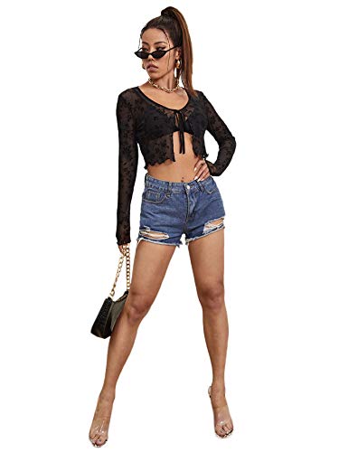 Floerns Women's Sheer Mesh Long Sleeve Open Front Self Tie Crop Top Without Bra Black M - Image 6