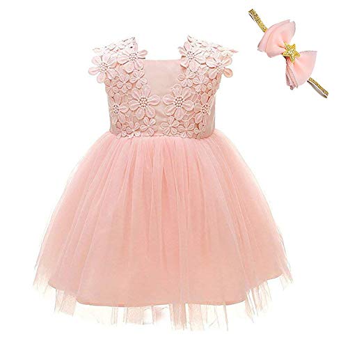 Weileenice Baby Girls Christening Baptism Gowns Lace Toddler Infant Christmas Party Wedding Princess Pageant Formal Flower Kids Tutu Dresses (12 Months, 1782-PK 2 Set)