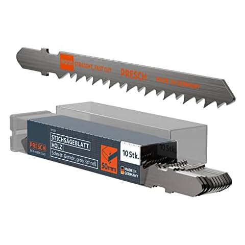 Presch Stichsägeblätter Holz 10 Stk. - Extrem schneller, gerader Schnitt (5-50mm) - Profi Stichsägeblatt Set - T-Schaft für jede Stichsäge - Sägeblätter für Küchenarbeitsplatten, OSB, uvm Cover