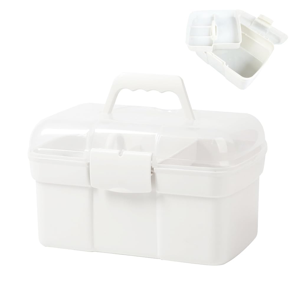 Storage Box with Removable Tray & Lid,Multipurpose Container Small Plastic Art Storage Box with Compartments,Craft Caddy for Sewing,Hobby,Medicine,Fishing,Toys,Stationery,Hair Accessories (White)